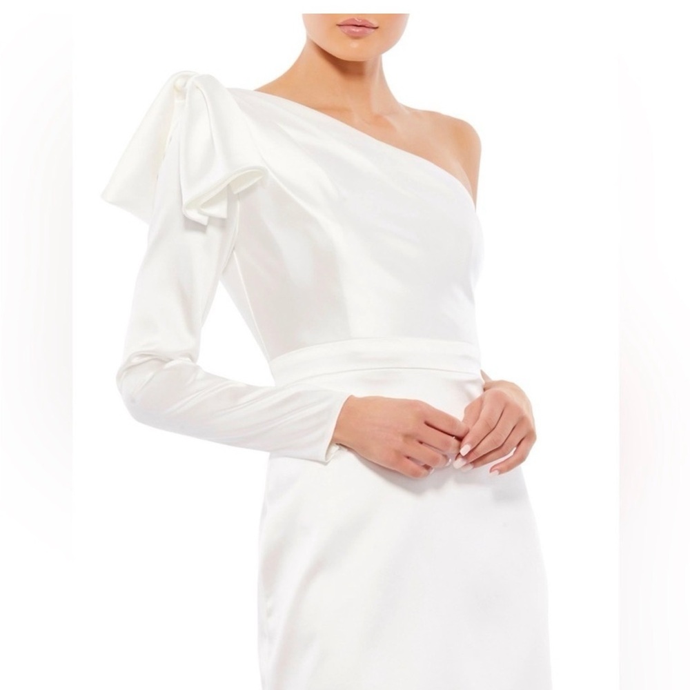 Ieena For MacDougal Satin Bow One Shoulder Long Sleeve Mini Dress